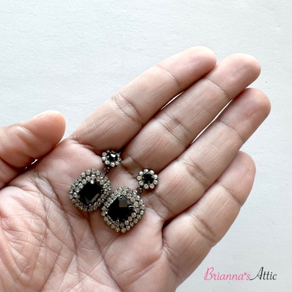 Black stone Crystal Silver Rhinestone Dangle Drop Clip-on Earrings - Picture 8 of 8
